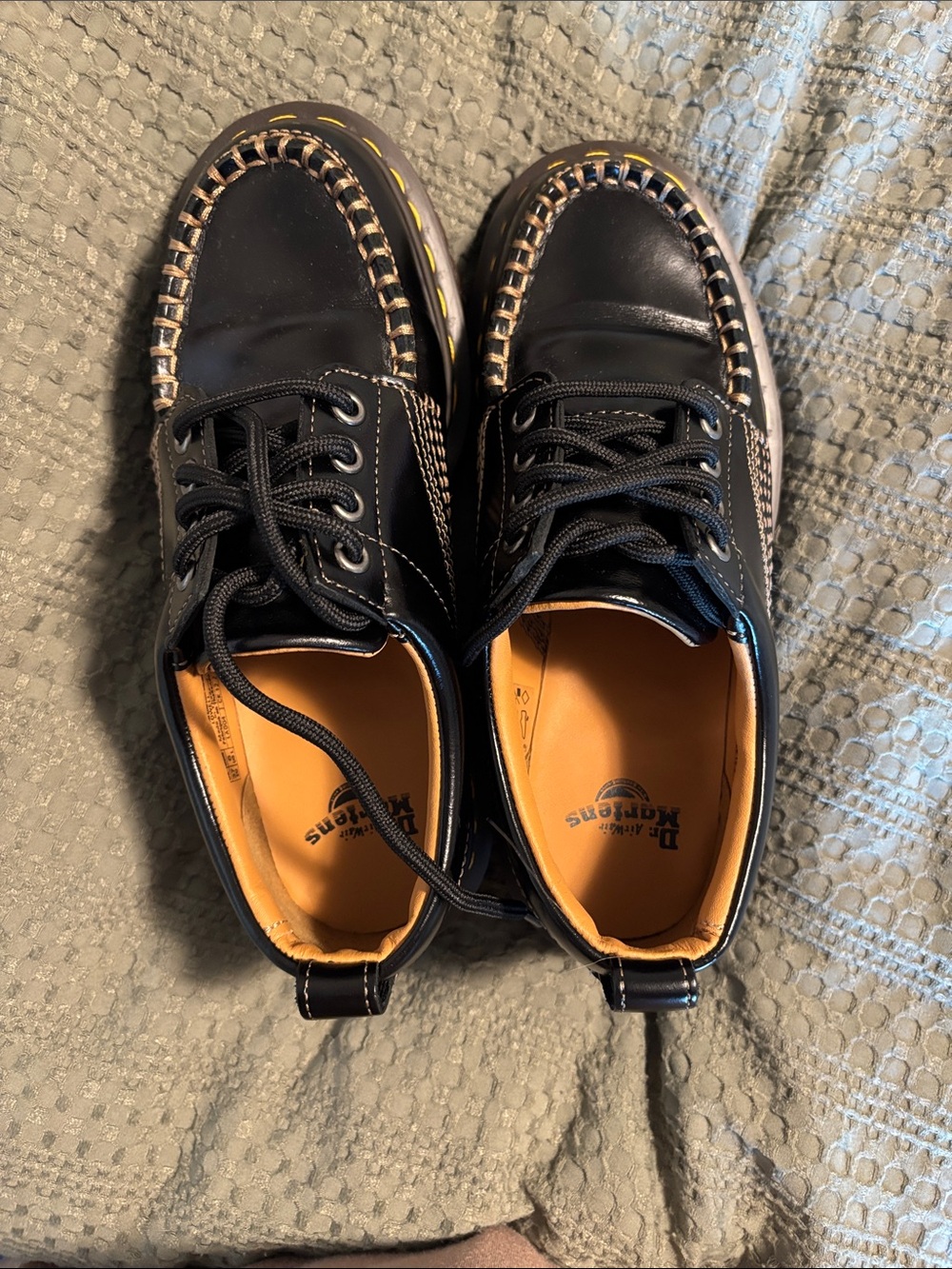 Dr. Martens Black Leather Moc Toe Flats with Yellow Stitching Lowell black